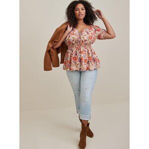 Torrid Georgette Eyelet Smocked Waist Puff Sleeve Top Size 6X Floral